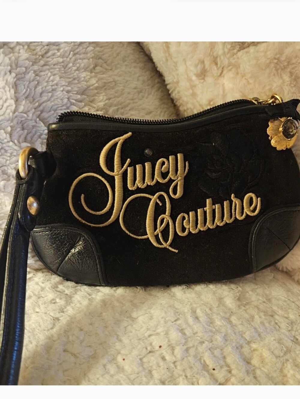 Juicy Couture Y2k Black Velour Wristlet with Gold Juicy Script Logo & Charm